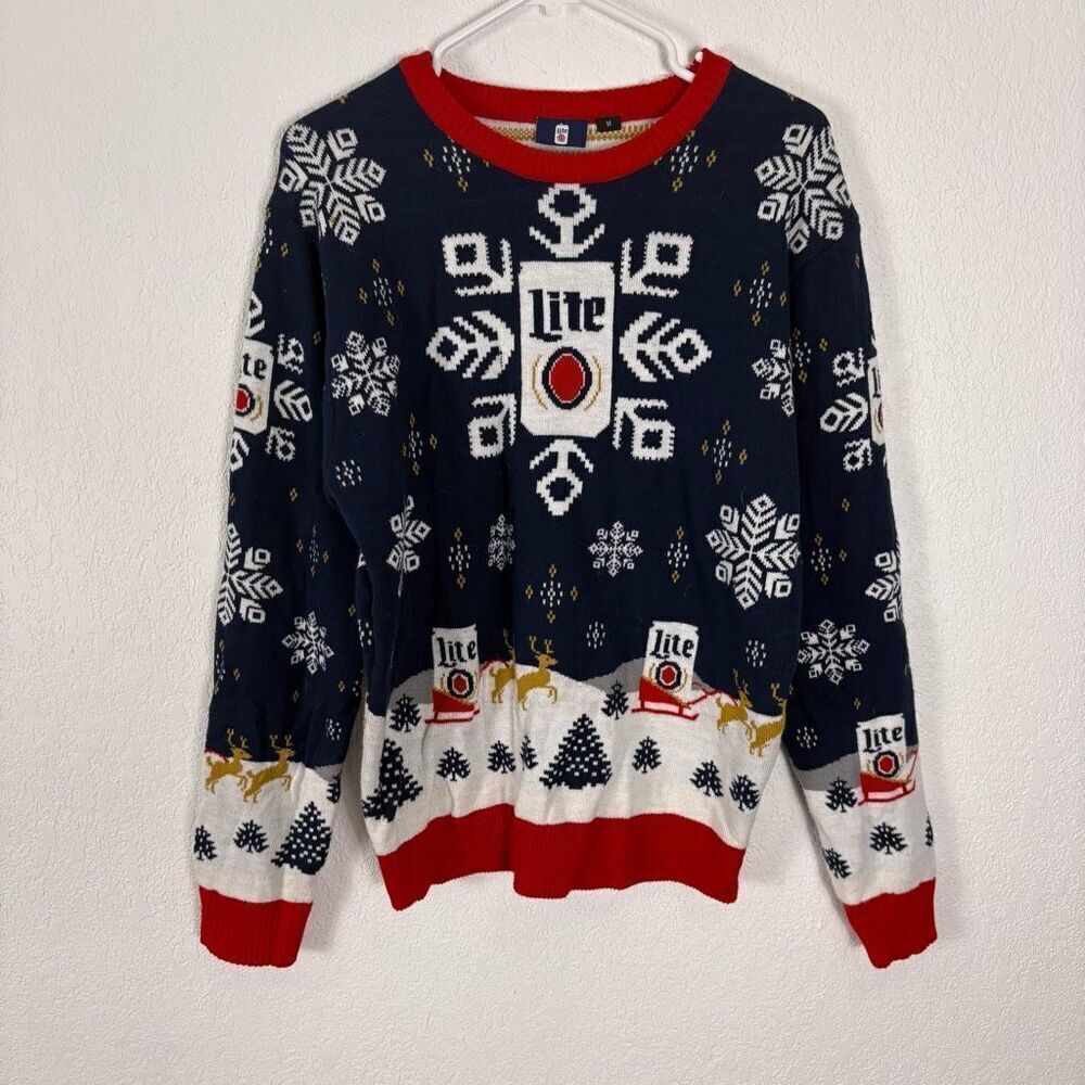 Miller Lite Blue Holiday Sweater Crewneck Pullover Snowflake Print Men's Medium